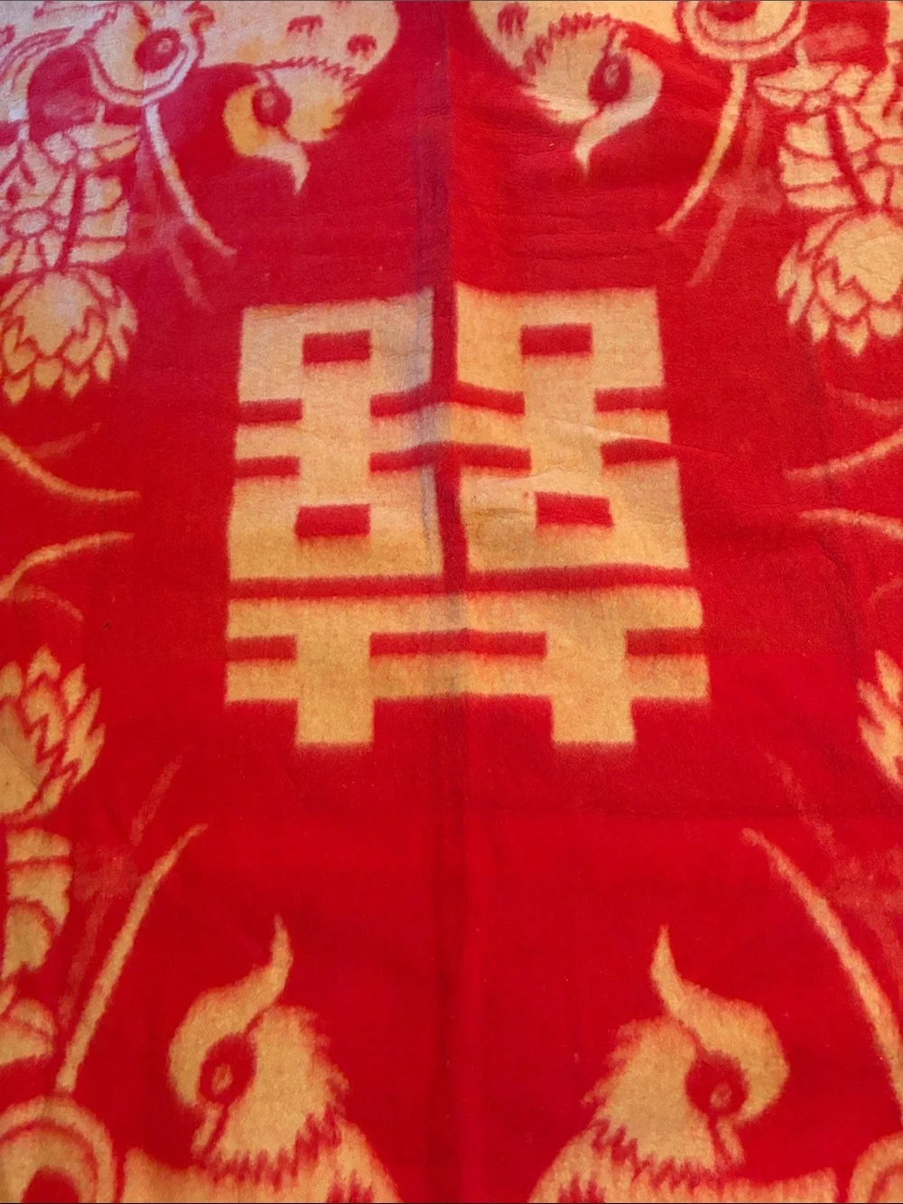 Vintage 2 Sided Chinese Wool Wedding Blanket with Lotus and Mandarin Ducks